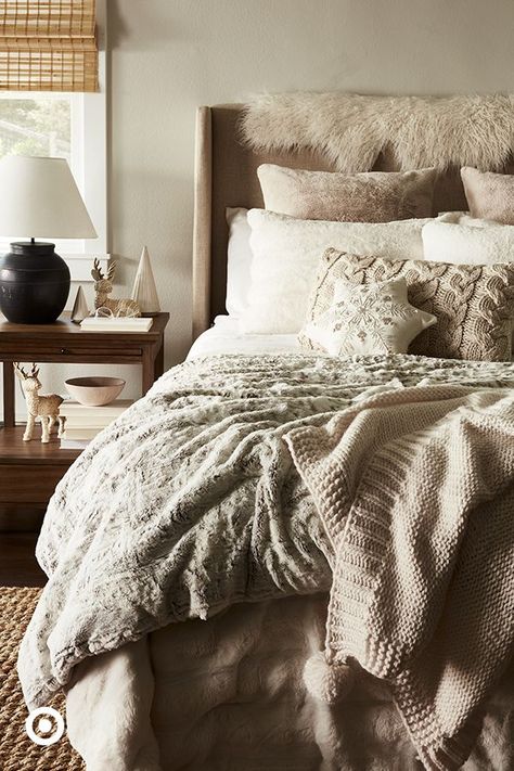 Up the cozy factor in your bedroom with layers of faux fur and soft knits. Pile on throws and toss pillows and even go for faux-fur pillowcases. Cozy Winter Bedding, Makeover Bedroom, Winter Bedding, Bedroom Remodel, Redecorate Bedroom, Dream Room Inspiration, Room Makeover Bedroom, Master Bedrooms Decor, Remodel Bedroom