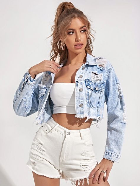 Ripped Detail Flap Pocket Crop Denim Jacket | SHEIN USA Blue Jean Jacket Outfits, Cropped Denim Jacket Outfit, Fall Jackets Outfit, Crop Denim Jacket, Light Denim Jacket, Jacket Outfit Women, Jean Jacket Outfits, Denim Jacket Outfit, Crop Jean Jacket