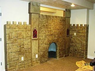 Fun Castle playroom for kids. School Stairs Decoration, Window Painting Christmas, School Stairs, Holiday Window Painting, Under Stairs Playhouse, Castle Playhouse, Stairs Decoration, Entryway Stairs, Rustic Stairs