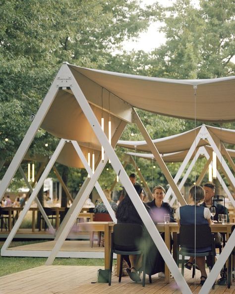 Melbourne architects design temporary dining pavilions for NGV garden | ArchitectureAU Temporary Architecture, Melbourne Architecture, Module Design, Pavilion Architecture, Warehouse Design, Pavilion Design, Outdoor Pavilion, Temporary Structures, Tent Awning