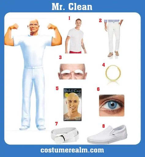 Best How To Dress Like Mr Clean Costume Guide For Cosplay & Halloween Me Clean Halloween Costume, Me Clean Costume, Mr Clean Halloween Costume, Mr Clean Costume, Fake Eyebrows, Dragons Love Tacos, Get Ready For Halloween, Costume Guide, Mr Clean