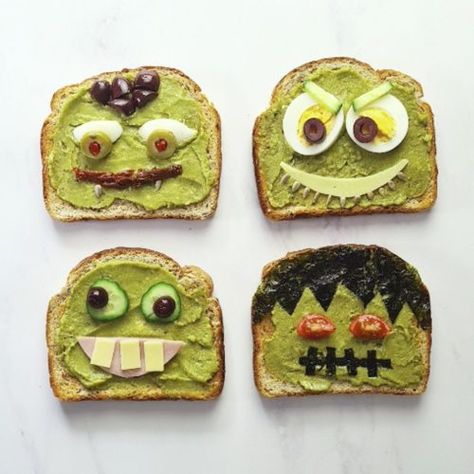 How to make Spooky Avocado Toast | AvoFresh Halloween Avocado Toast, Olive Relish, Smashed Avocado, Sliced Ham, Egg Toast, Cheese Crackers, Peppers Recipes, Delicious Breakfast, Healthy Snacks For Kids