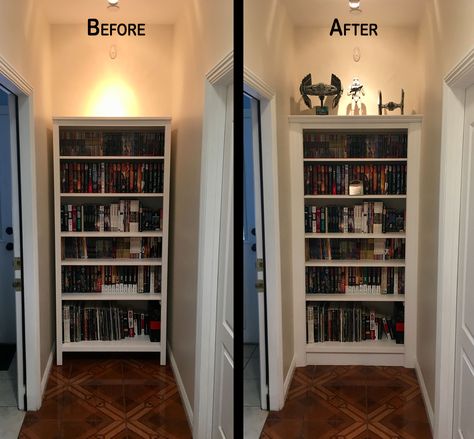 Built In Bookshelf End Of Hallway, Bookshelf At End Of Hallway, Add Molding To Bookcase, End Of Hallway Bookcase, End Of Hall Bookshelf, Upgrading Bookshelves, Bookcase In Hallway, End Of Hallway Bookshelf, Hallway Bookshelf Ideas