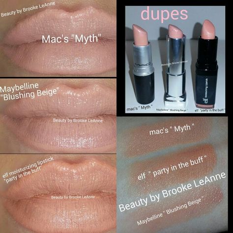 Mac myth lipstick, Maybelline blushing beige, elf moisturizing lipstick party in the buff, dupes, drugstore, makeup, beauty, m ac dupes,  lipstick dupes from the drugstore,  makeup,  beauty.  Visit: https://beautybybrookeleanne.wordpress.com/2015/03/31/mac-dupes/ Myth Mac Lipstick, Mac Myth Lipstick, Velvet Teddy Mac, Mac Myth, Lipstick Party, Lawless Forget The Filler, Lipstick Maybelline, Filler Lip, Beauty Fotografie