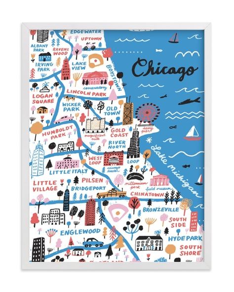 I Love Chicago, Chicago Art Print, Chicago Map, Hand Drawn Map, Unique Maps, Chicago Art, Chicago Travel, My Kind Of Town, Custom Art Print