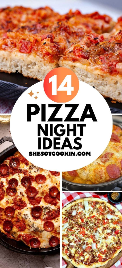 Photo collage of pizza night recipes with text overlay. Homemade Pizza Night Ideas, Different Pizza Recipes, Homemade Pizza Ideas Easy, Recipes Using Pizza Dough Dinners, Pizza Potluck Ideas, Pizza Dough Meal Ideas, Best Pizza Recipe, Easy Pizza Ideas, Specialty Pizza Ideas