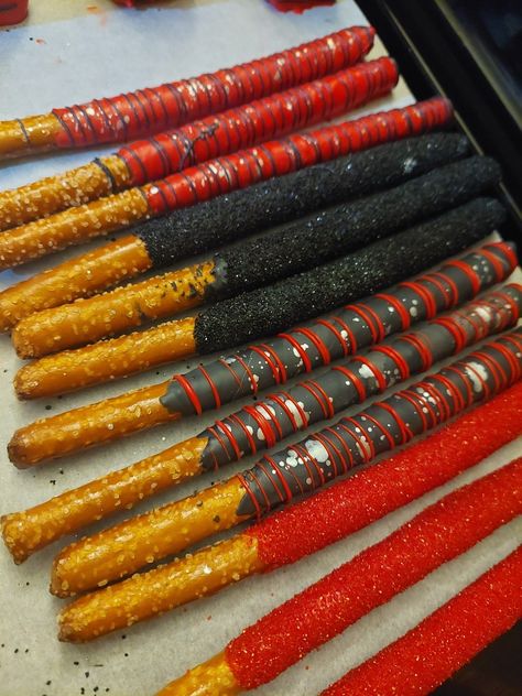 Red And Black Pretzel Rods, Red And Black Chocolate Covered Pretzels, Red Black And Gold Treat Table, Red And Black Grad Party Ideas, Sneaker Ball Treats, Red Black And Gold Cake Birthday For Men, Red Sweet 16 Decorations Candy Table, Red Black And Silver Sweet 16, 16 Birthday Party Ideas Red