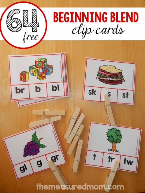 Free clip cards for beginning blends | The Measured Mom Beginning Blends, The Measured Mom, Measured Mom, Blends Activities, Kindergarten Centers, Teaching Phonics, Reading Centers, Teaching Literacy, Clip Cards