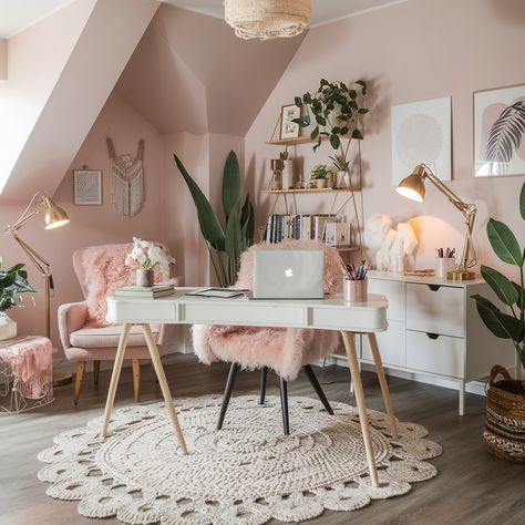 A Beautiful & Practical Home Office Design💖💖💻🖨 Pink Boho Office, She Room Ideas For Women, Office Yoga Room Combo, Home Office Boho Chic, Boho Office Ideas, Pink Office Ideas, Practical Home Office, Feminine Office Space, Office Yoga Room