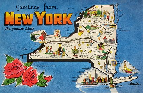 Greetings from New York map postcard Tourist Map, Map Of New York, Maria Montessori, Upstate New York, State Map, Travel Maps, New York State, Vintage Postcard, Post Cards