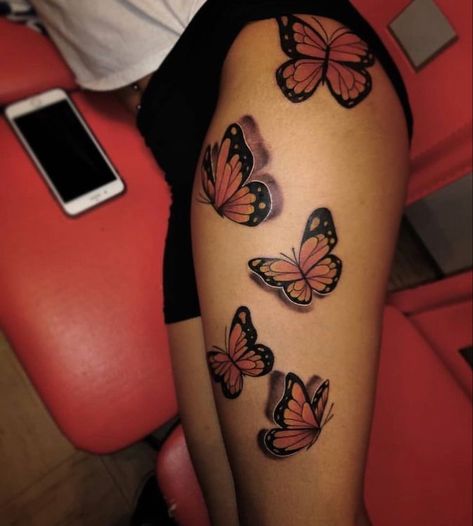 Butterfly Leg Tattoo Thighs, Butterfly Tattoo On Thigh, Shoulder Chest Tattoo Female, Butterfly Tattoo Thigh, Butterfly Thigh Tattoo, Cute Thigh Tattoos, Girl Thigh Tattoos, Girl Neck Tattoos, Hip Thigh Tattoos