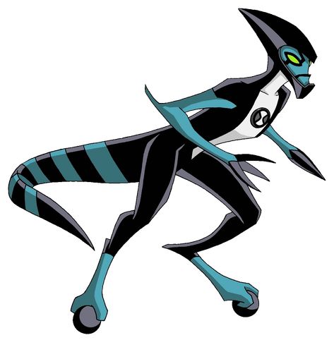 XLR8 (pronounced "Accelerate") is the Omnitrix's DNA sample of a Kineceleran from the planet Kinet. XLR8 resembles a semi-armored Velociraptor. He has black wheels on his feet and wears a helmet with a visor, leaving the other features of his head unknown. Whenever the visor does come up, one can see that he has a blue face, green eyes, black lips, and stripes above and on the right side of his eyes. He wears the Omnitrix symbol on his chest. He has five blue stripes on his tail. Gwen 10, Heroes United, Ben Ten, Ben 10 Ultimate Alien, Generator Rex, Ben 10 Alien Force, Ben 10 Comics, Ben 10 Omniverse, Hero Time