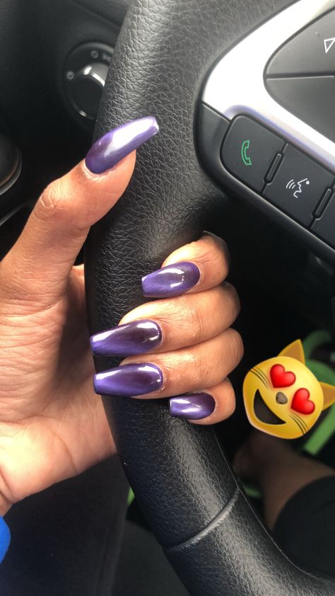 Purple cat eye coffin nails! #nails #coffinnails #cateye #purple #longnails Midnight Purple Nail Designs, Magnetic Purple Nails, Purple Tiger Eye Nails, Cateye Purple Nails, Black And Purple Cat Eye Nails, Purple Cats Eyes Nails, Purple Cateye Nail, Cat Eye Coffin Nails, Purple Magnetic Nails