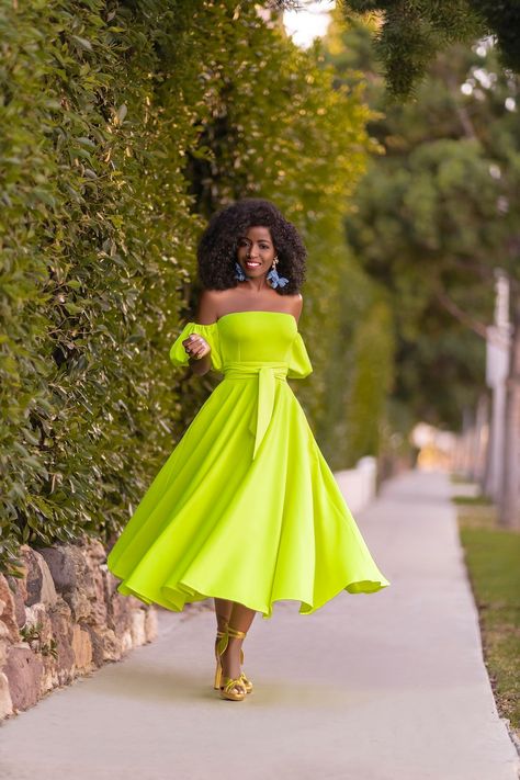 Style Pantry | Neon Yellow Off Shoulder Dress Neon Yellow Outfit, Yellow Off Shoulder Dress, Neon Looks, Neon Yellow Dress, Neon Clothing, Yellow Dress Outfit, Neon Yellow Dresses, Bright Yellow Dress, Outstanding Outfits