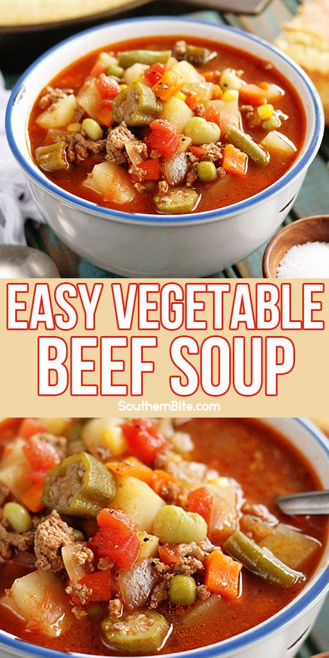 This quick, delicious homemade vegetable beef soup recipe only takes about 45 minutes and is so easy! And it tastes like it's been simmering all day! Easy Quick Soup, Canned Veggies, Easy Vegetable Beef Soup, Homemade Vegetable Beef Soup, Soup Quick, Soup Beef, Easy Vegetable Soup, Delicious Cornbread, Soup Vegetable