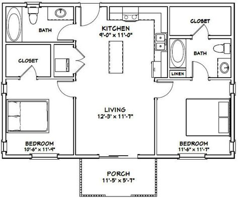 36x24 House 2-bedroom 2-bath 864 Sq Ft PDF Floor Plan | Etsy 2 Bedroom Floor Plans, Granny Pods, Cabin Floor, 2 Bedroom House Plans, Cabin Floor Plans, Small House Floor Plans, Barndominium Floor Plans, Tiny House Floor Plans, 2 Bedroom House