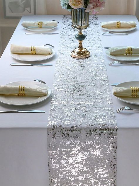 1pc 28x300cm/28x500cm/28x1000cm Metallic Foil Sequin Mesh Table Runner For Parties, Anniversaries, Birthdays, Weddings, Banquets, Holidays, New Year Decor, Home Decor Silver    Polyester     Event & Party Supplies, size features are:Bust: ,Length: ,Sleeve Length: Silver Wedding Anniversary Table Decor, Silver Wedding Decorations Receptions, White And Silver Christmas Table Decor, Silver Centerpieces For Party, New Years Table Setting, Gold And Silver Wedding Decor, 25th Wedding Anniversary Party Ideas Decorations, Silver Anniversary Ideas Decorations, Silver Table Decorations