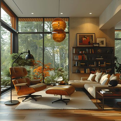 Explore this stunning sitting room design featuring an iconic orange Eames chair and ottoman, floor-to-ceiling windows that reveal a serene forest view, and cozy bookshelves. Wooden floors and warm beige walls complement the space, while an amber pendant light adds a touch of warmth. The perfect spot for relaxation and reading, surrounded by nature. Living Room With Sunlight, Reading Room Lighting, Floor To Ceiling Windows Living Room, Warm Office Decor, Eames Living Room, Relaxing Reading Room, Cozy Bookshelves, Reading Chair With Ottoman, Eames Chair Living Room