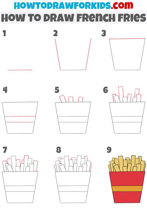 How To Draw French Fries, French Fries Drawing Easy, Fries Drawing Easy, French Fries Craft, French Fries Drawing, Fries Drawing, Kdp Books, Starbucks Art, Chicken Drawing