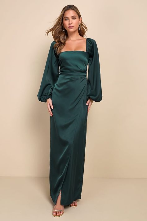 Emerald Satin Gown - Tulip Satin Maxi Dress - Square Neck Maxi - Lulus Long Sleeve Teal Bridesmaid Dresses, Long Dress Emerald, Bridesmaid Gown Ideas With Sleeves, Forest Green Long Sleeve Dress, Bridesmaids With Sleeves, Emerald Green Silk Dress Long Sleeve, Satin Emerald Dress, Prom Dresses Emerald Green Long Sleeve, Long Sleeve Floor Length Dress Formal Gowns