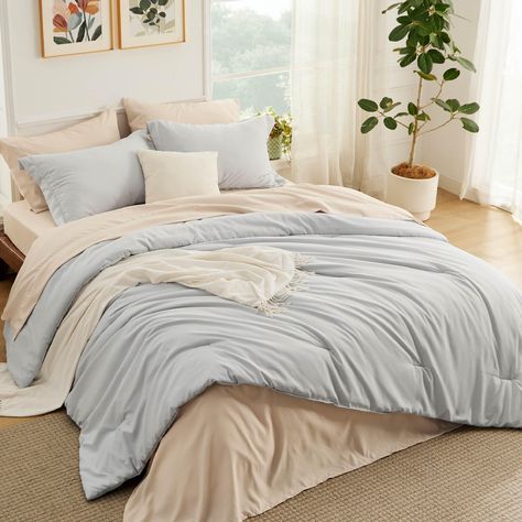 PRICES MAY VARY. Fluffy and Comfortable: This king comforter set is crafted from ultra-fine microfiber and filled with cloud-like fibers, providing an ideal blend of weight, softness, and warmth for year-round comfort. Simple Elegance: This bed-in-a-bag set showcases a refined contrasting color design. The interplay of colors between the pillow shams and bed sheets adds depth, effortlessly enhancing any interior decor style. Certified for Safety: This bedding set is Standard 100 by OEKO-TEX cert Full Bed Sheet Set, Full Size Bed Comforter Sets, Full Bed Comforter Sets, Cute Comforters, Full Size Comforter Sets, Boho Bed, Full Size Comforter, King Size Comforter Sets, Bed Comforter