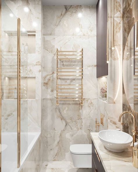 Gold And White Bathrooms, White And Gold Bathroom Tile, Glamorous Bathroom Ideas, Gold White Bathroom, Gold And White Bathroom, White And Gold Bathroom, Elegant Bathroom Design, Bathroom Decor Luxury, Washroom Design