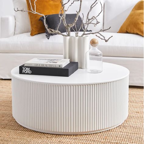 Round Living Room Table, White Round Coffee Table, Round Living Room, White Coffee Table, Roof Tops, Natural Aesthetic, Coffee Table Styling, Cafe Lights, Mdf Frame