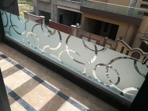 Etching Glass Design For Balcony, Balcony Glass Railing Design, Glass Balcony Ideas, Balcony Handrail, Building Colour, Glass Railing Design, Glass Staircase Railing, Glass Wall Design, Balcony Glass Design