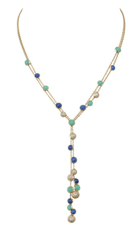 Cartier Paris Nouvelle Vague &apos;Mischievous&apos; necklace in yellow gold, set with lapis lazuli, chrysoprase and diamonds. Elegant Gold Necklace, Cartier Vintage, Jewelry Cartier, Art Jewelry Earrings, Contemporary Fine Jewelry, Cartier Necklace, Shoulder Jewelry, 22k Gold Jewelry, Lapis Lazuli Jewelry