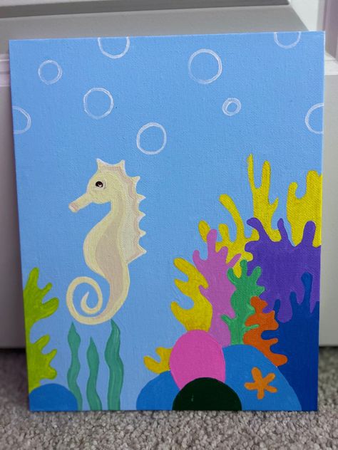 acrylic painting on canvas, underwater painting Summer Diy Painting Canvas, Painted Seahorse, Sea Animal Paintings Easy, Under Water Painting Easy, Sea Horse Painting, Summer Canvas Painting Ideas Easy, Easy Summer Paintings On Canvas, Under The Sea Painting Easy, Underwater Painting Easy