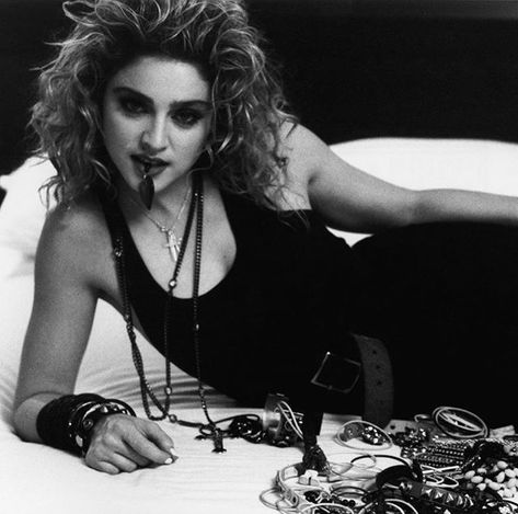 Madonna, posing with a pile of some of her infamous costume jewelry, 1985 Madonna Jewelry, Madonna 80s, People Magazine, Friends Tv Show, Friends Tv, Black And White Pictures, Material Girls, Ladies Golf, Madonna