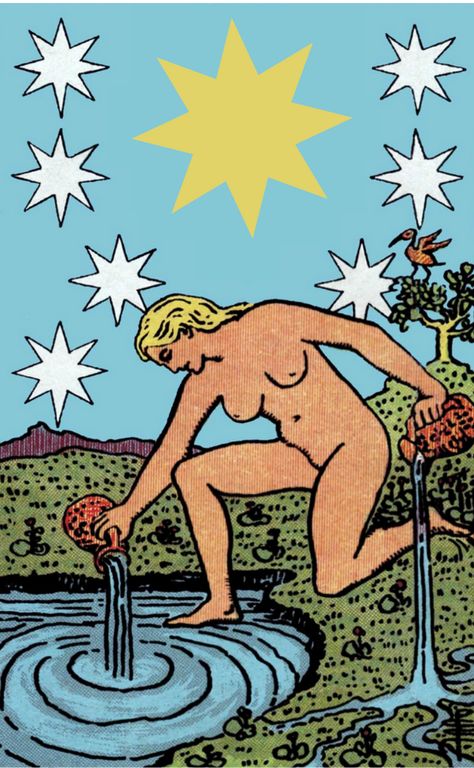 The Star Tarot Card, Rider Waite Smith, Woman pours water into a pond under stars Tarot Waite, Aquarius Tarot, Page Of Pentacles, Jungian Archetypes, Aquarius Aesthetic, Ace Of Pentacles, Aquarius Art, 78 Tarot Cards, Zodiac Cards