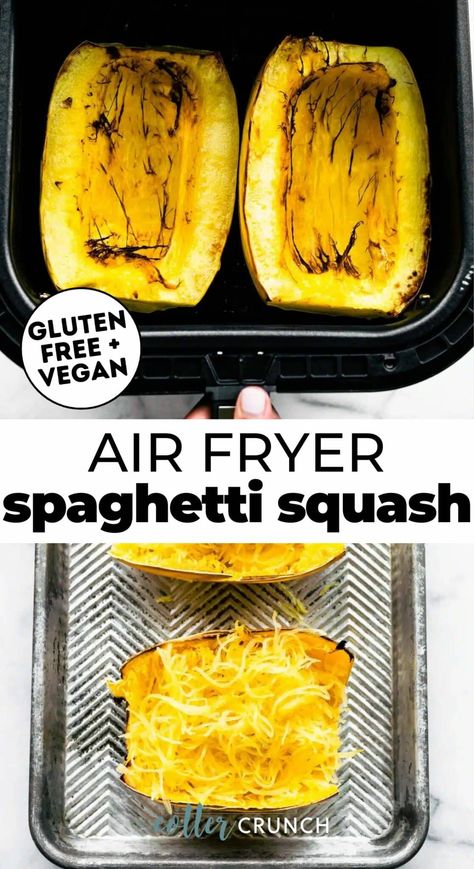 Healthy meal inspo! Learn how to make Air Fryer Spaghetti Squash recipe with just three ingredients and less than 30 minutes! It makes for the perfect gluten free side dish or low carb pasta alternative for all your favorite meals. Try our healthy spaghetti squash casserole or top these low carb noodles with nightshade free nomato sauce. Learn how to cook spaghetti squash the best way- in the air fryer! Spaghetti Squash In Air Fryer, Squash In Air Fryer, Air Fryer Spaghetti Squash, Air Fryer Spaghetti, Pasta Alternative Low Carb, Low Carb Noodles, Pasta Alternative, Gluten Free Sides Dishes, Vegetables Recipes