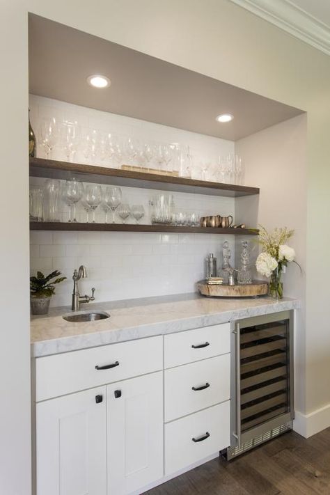 Mahogany floating shelves, bar, wine fridge Beverage Station With Floating Shelves, Bar With Floating Shelves, Floating Shelves Ideas, Modern Kitchen Flooring, Bar Countertop, Bar Nook, Home Office Layouts, Wine Closet, Floating Shelves Living Room