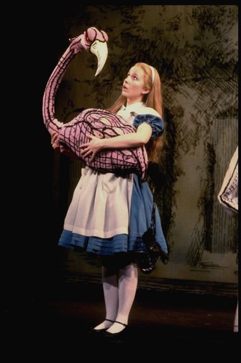 Actress Kate Burton w. flamingo in a scene fr. the Broadway revival of "Alice in Wonderland." From New York Public Library Digital Collections. Alice In Wonderland Runway, Alice In Wonderland Musical, Alice In Wonderland Flamingo, Alice Core, Kate Burton, Hyper Real, Lizzie Hearts, To Alice, Stage Props