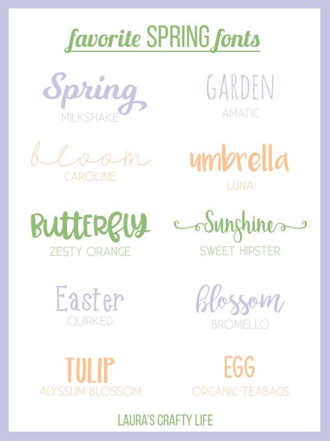 Spring Fonts. A list of my favorite spring fonts to use for Easter and spring projects. Many of these you can use for commercial use. #laurascraftylife #fonts #spring Spring Fonts Alphabet, Spring Typography, Calligraphy Strokes, Garden Font, Easter Fonts, Spring Font, Practice Calligraphy, Summer Font, Font Pack