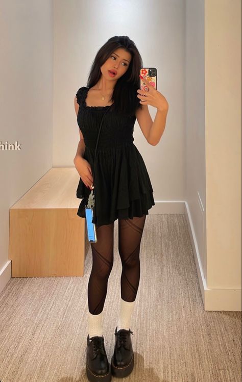 Skirt With Stockings Outfit Aesthetic, Short With Stockings Outfit, Dress With Stockings Outfit Summer, Black Short Dress With Tights, Black Mini Dress Outfit Aesthetic, Black Tights Black Dress, Short Black Dress Outfit Aesthetic, Black Tights Outfit Spring, Mini Dress With Tights And Boots