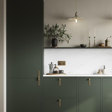 Hockley Super Matt In-Frame Fir Green Howdens Fir Green Kitchen, Modern Olive Kitchen, Green In Frame Kitchen, Green Kitchen With Brass Hardware, Marble Countertop Island, Matte Green Kitchen, Howdens In Frame Kitchen, Green Brass Kitchen, Green White Gold Kitchen