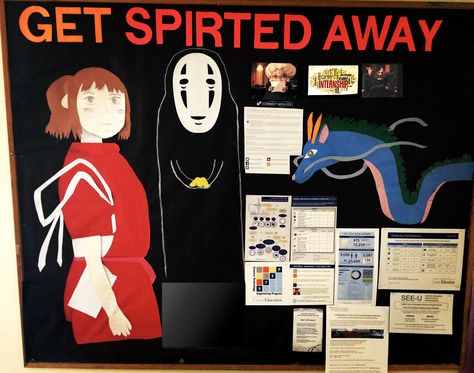 Spirited Away Bulletin Board - Internship Opportunities  RA / Resident Advisor / Hayao Miyazaki / Studio Ghibli Studio Ghibli Bulletin Board, Studio Ghibli Door Decs, Anime Bulletin Board, Ghibli Classroom, Board Ideas For Bedroom, Room Decor Videos, Bulletin Board Ideas For Bedroom, Manga Display, Ghibli Decor