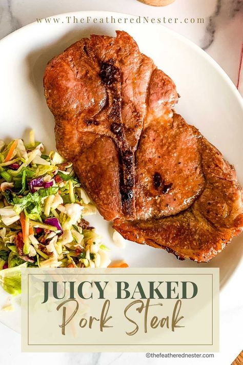 It's official: Baked Pork Steak is our new favorite pork dinner! So simple to make in the oven and SO juicy and flavorful after a quick marinade. Perfect for a quick and easy weeknight meal 😋 #dinnerideas #bakedporksteak #porkdinner Tender Pork Steak Recipes Oven, Bake Pork Steaks In Oven, Oven Roasted Pork Steaks, Pork Steak Marinade For Oven, Pork Loin Steak Recipes Simple, Pork Shoulder Steak Recipes Oven Baked, Best Pork Steak Recipes, Oven Baked Pork Steaks Recipes, Recipes For Pork Steaks