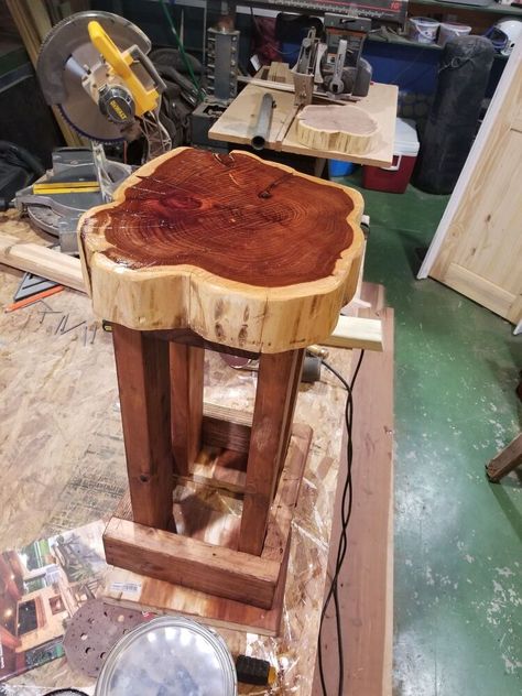 We are still finishing our country cabin and we are in need of stools for our tiny island. This tall stool is obviously not the right one, besides it belongs to my son's garage bar (we just borrowed it for a few days). We decided to use two of these slices of cedar we had bought from our "cedar guy". I had already peeled the bark off and sanded it really well. So now, we had to figure out how to make the legs. We used a piece of 2 x 6 to screw to the bottom of the stool so that w Rustic Barstools, Stool For Kitchen, Diy Bar Stools, Rustic Bar Stools, Tall Stools, Rustic Stools, Faux Fireplace Diy, Tiny Island, Faux Brick Walls