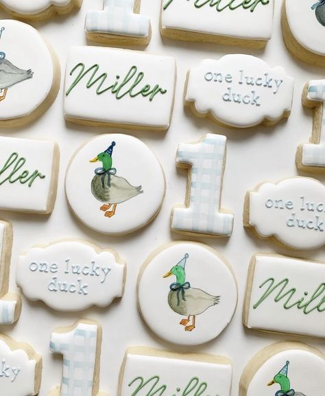 Duck Birthday Theme, One Lucky Duck, Duck Cookies, First Birthday Cookies, Baby Shower Duck, Duck Birthday, Baby Birthday Themes, Lucky Duck, 1st Birthday Party Themes