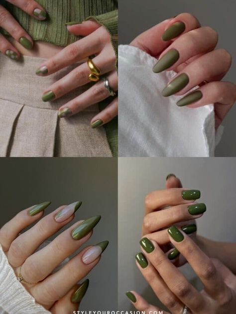 Looking for ideas for the perfect olive green nails? Check out these stunning olive green nail designs that are modern and chic. There's short and long olive nails, with coffin, almond, round, and square shapes, along with matte, shiny, French tip, or with gold foil, silver, and more! These nails are perfect for winter, spring, or fall! Olive Green Nail Designs, Olive Green Nails, Beige Nails Design, Nails Festive, Old Money Nails, Olive Nails, Money Nails, Classy Nail, Elegant Nail