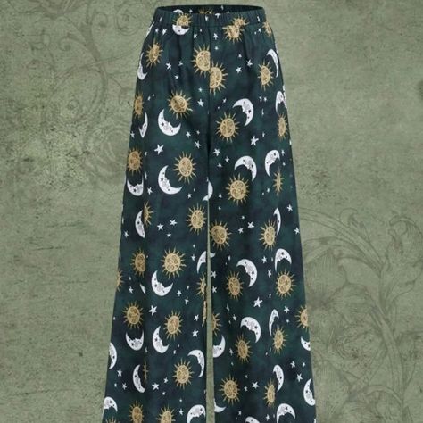 Sun & Moon Graphic Wide Leg Pants 100% Polyester Moondrop Cosplay, Starry Clothes, Hippie Sun, Star Rain, Bohemian Pants, Space Outfit, Moon Graphic, Grace And Lace, Hippie Pants