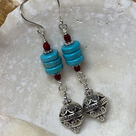 Nwot Gypsy Cowgirl Earrings With Ornate Patterned Antique Silver Beads , Magnesite Turquoise Heshi Beads & Tiny Red Czech Glass Beads. Long, Dangling, Lightweight, Comfy & Casual. All Metal Is Silver Plated Silver Plate Nickel Free Ear Wires Made By Me New, Never Worn Bundle With Other Items For A Discount & Save On Shipping Handmade Cocovalli Turquoise Red Antique Silver Gypsy Cowgirl Boho Southwest Long Lightweight Heshi Czech Handmade Turquoise Beaded Earrings With Czech Glass, Handmade Earings, Beaded Earring, Turquoise Dangling Beads Czech Glass Jewelry, Boho Earrings Diy, Unique Turquoise Czech Glass Earrings, Long Turquoise Earrings, Turquoise Czech Glass Dangling Earrings, Czech Beads Jewelry