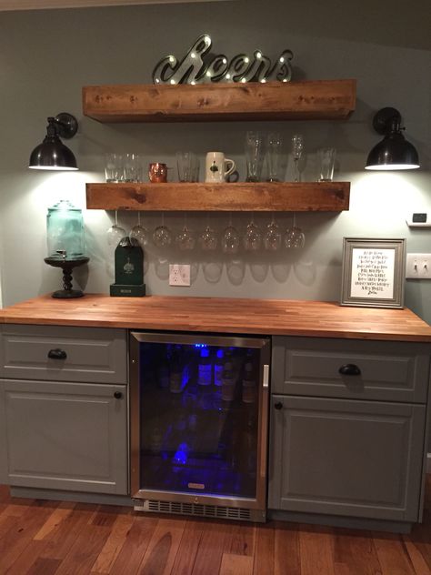 Rustic bar with IKEA cabinets and beverage center Rec Room Basement, Basement Bar Designs, Recreational Room, Home Coffee Stations, Rustic Bar, Beverage Center, Small Basements, Home Coffee Bar, Coffee Bar Home