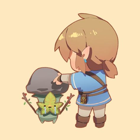 ✏︎ pix_bun⎜Twitter Chibi Link Breath Of The Wild, Zelda Breath Of The Wild Characters, Korok Botw Art, Loz Botw Korok, Link And Korok, Zelda Pottery, Link Korok, Koroks Botw, Legend Of Zelda Chibi