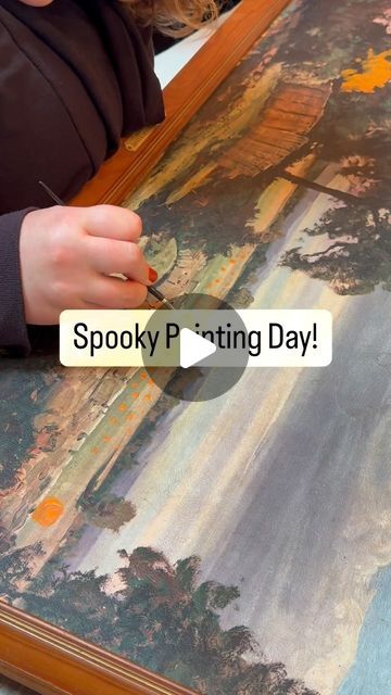 Chelsea Swindle on Instagram: "My sister and I do girls weekends a little differently than others. 😂😂 We had so much fun creating these painting over a painting spooky Halloween scenes!  #paintingart #halloweenart #spookypainting #halloweendecor #antiqueupcycle #upcycle #spookyseason #paintingtutorial #paintingoverpainting" Making Old Paintings Spooky, How To Paint A Witch, Spooky Painting Ideas On Canvas, Diy Halloween Paintings On Canvas, Scary Paintings, Halloween Scenes, Spooky Pictures, Acrylic Tutorials, Halloween Scene