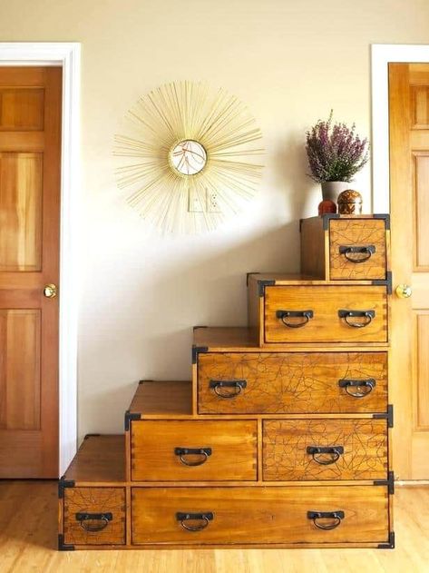 Almost every bedroom has a dresser, but you might be surprised to hear you don’t actually need one. The key to creating a peaceful bedroom is reducing... | Look for These Cute Stacked Drawers #DresserAlternatives #Dresser #Bedroom #Bedrooms #AlternativeDresser #DecoratedLife Dresser Alternative, Space Saving Staircase, Tiny House Stairs, Contemporary Staircase, Casa Country, Wooden Dresser, Eclectic Bedroom, Bedroom Photos, Canopy Bed