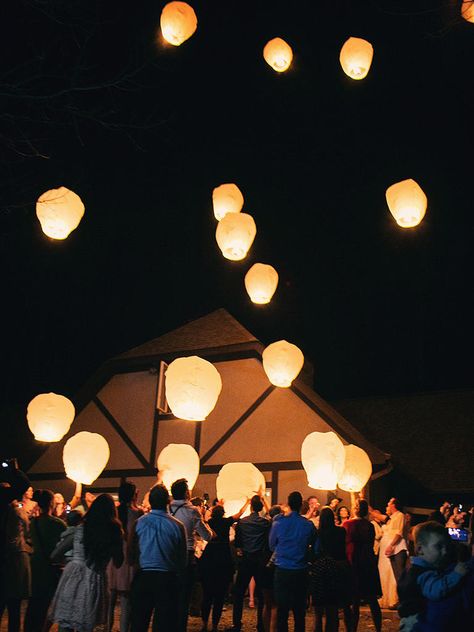 When it comes time to send off the newlyweds, send off wish lanterns into the night for even more good luck! Wedding Lanterns Release, Wish Lanterns, Sky Lantern, Wedding Day Wishes, Paper Lanterns Wedding, Floating Lanterns, Wedding Send Off, Sky Lanterns, Woodsy Wedding